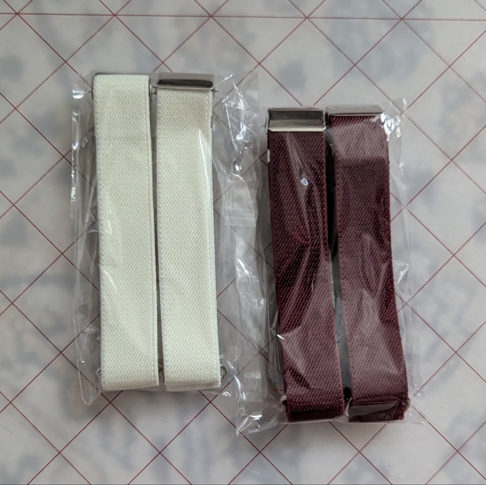NIB Sleeve Garters, Set Of 2, White And Wine Red, Elastic With Silver Hardware